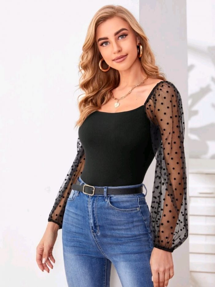 Dobby Mesh Sleeve Top - Image 3