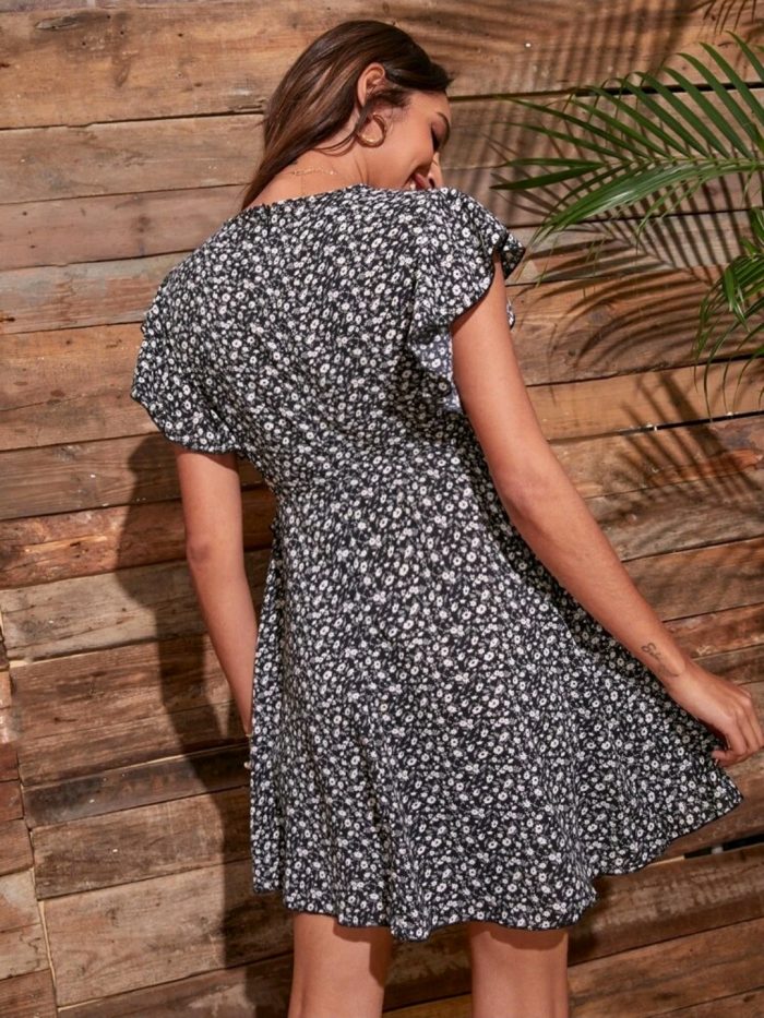 Ditsy Floral Ruffle Trim A-Line Dress - Image 5