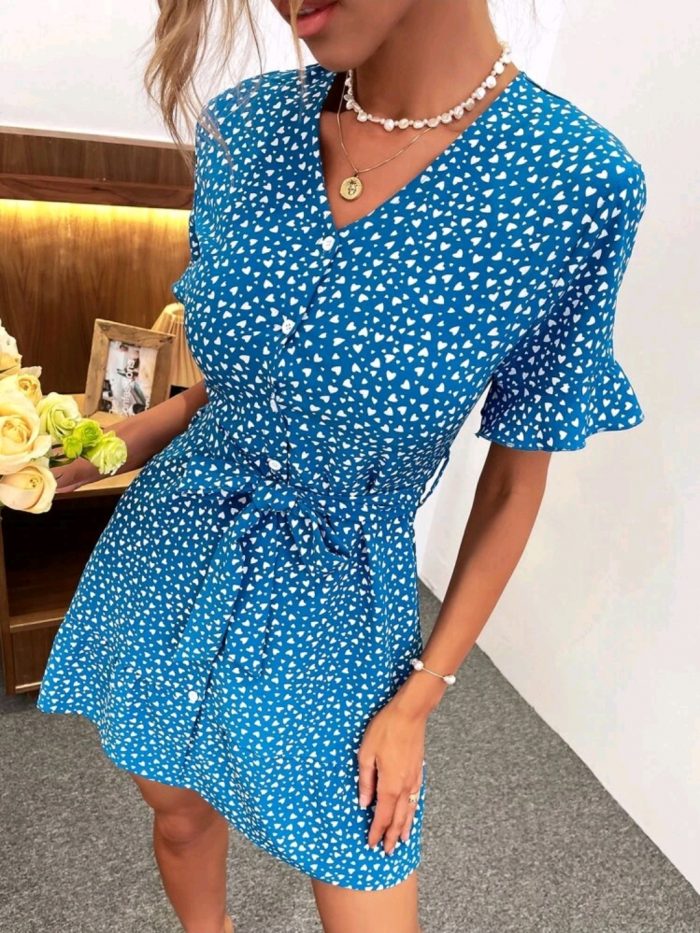Allover Heart Print Button Up Belted Dress - Image 5