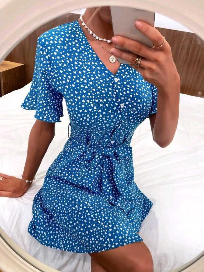 Allover Heart Print Button Up Belted Dress - Image 4