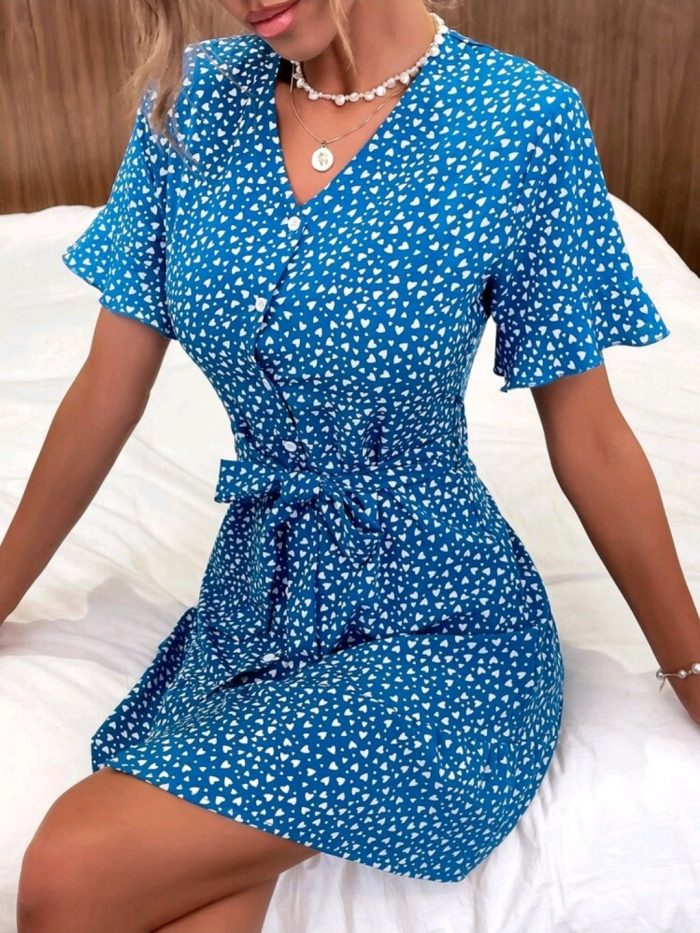 Allover Heart Print Button Up Belted Dress - Image 2