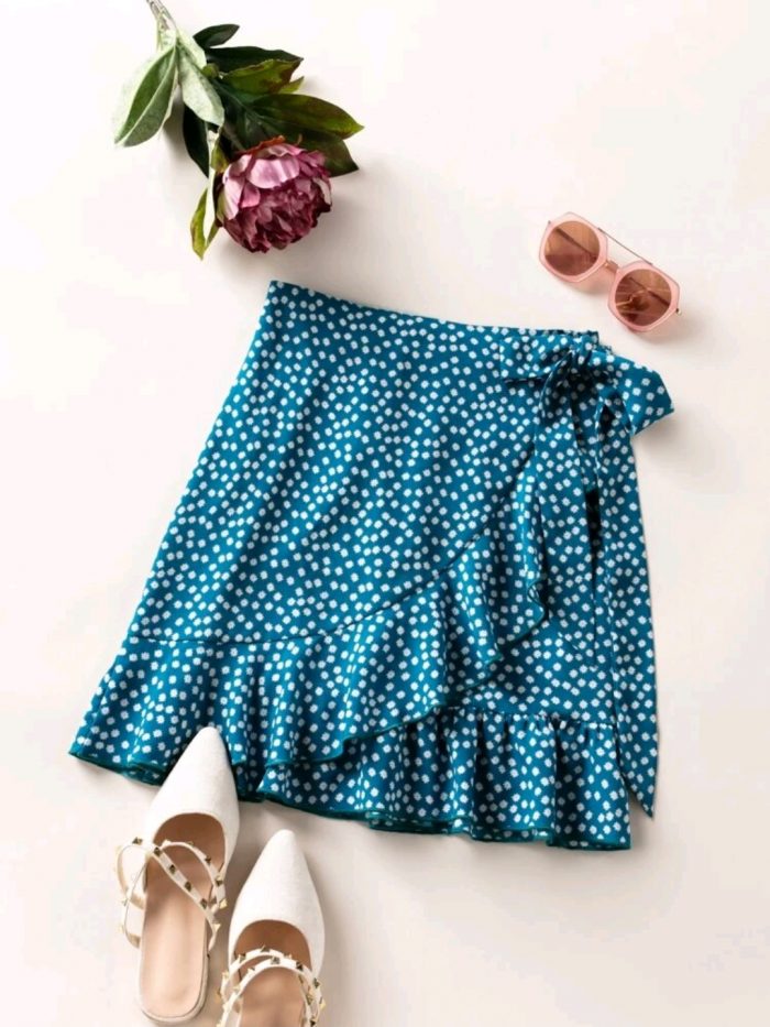 Ditsy Floral Ruffle Trim Wrap Knot Skirt