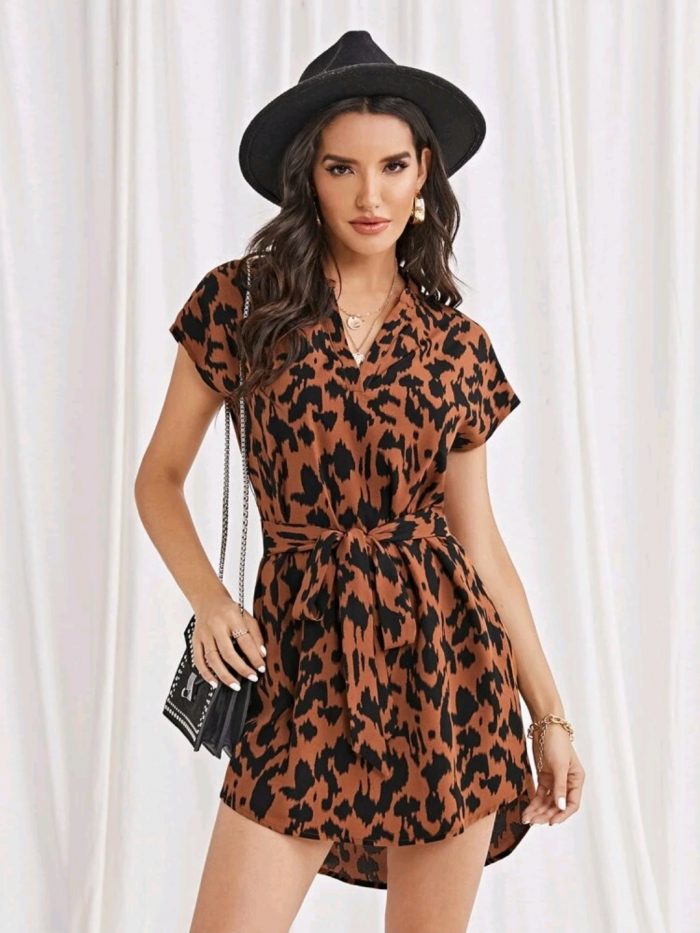 SHEIN Allover Print Belted Dress