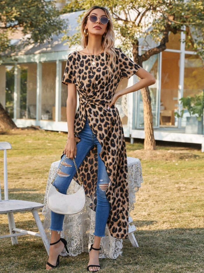 Leopard Print Twist Front Asymmetric Long Blouse - Image 4