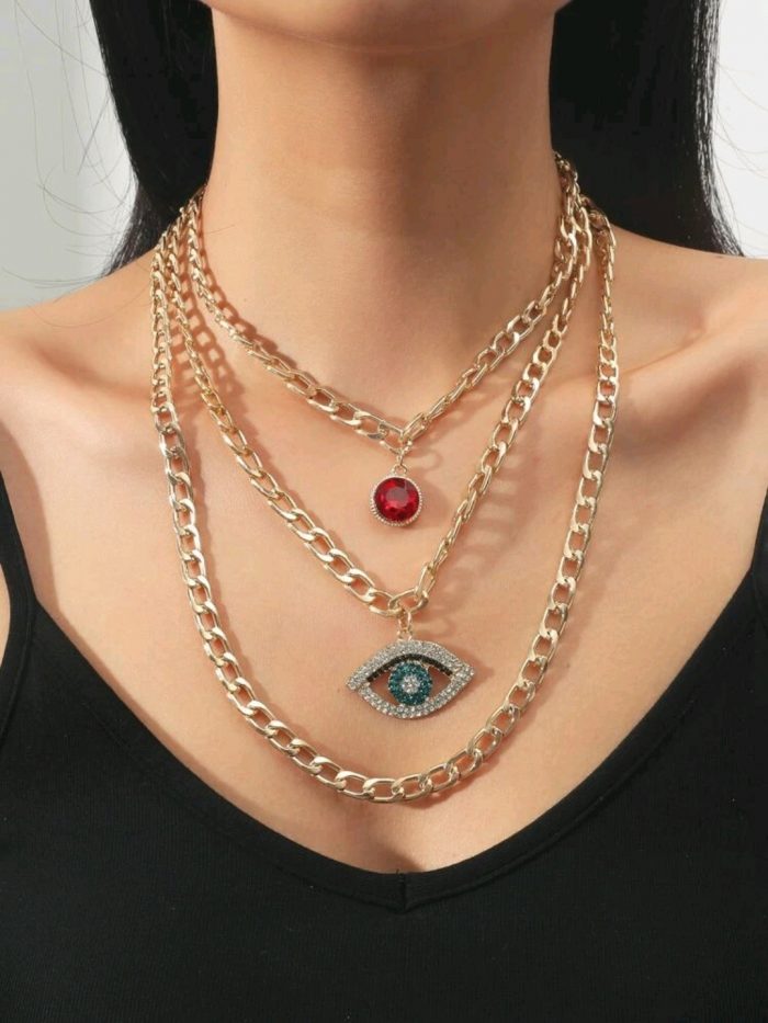 Rhinestone Eye Charm Layered Necklace