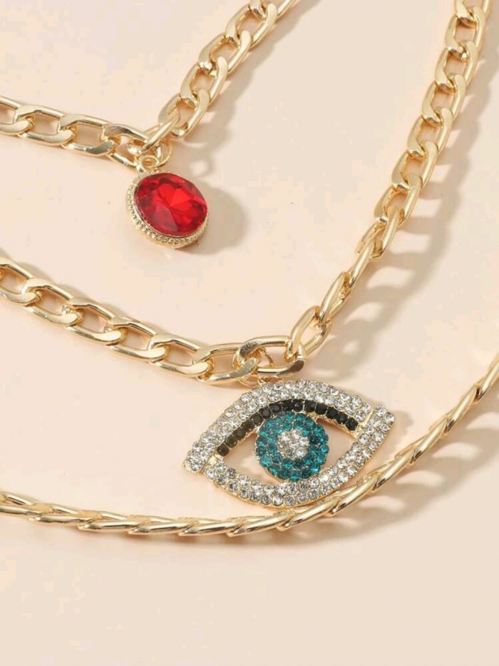 Rhinestone Eye Charm Layered Necklace - Image 3