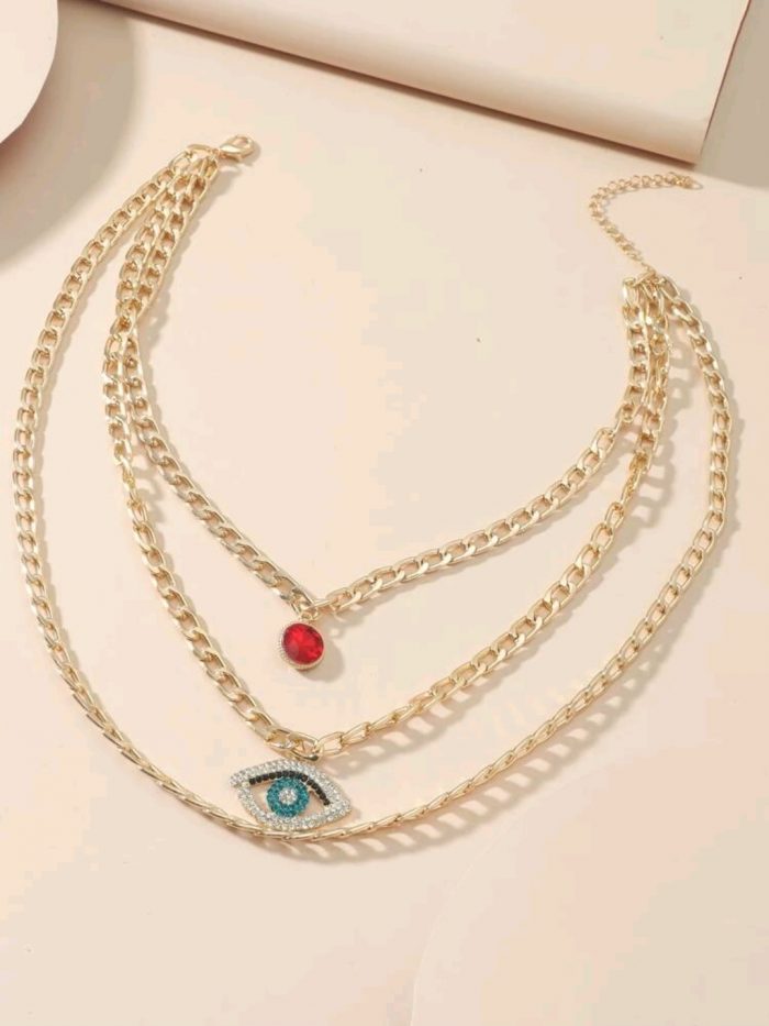 Rhinestone Eye Charm Layered Necklace - Image 2