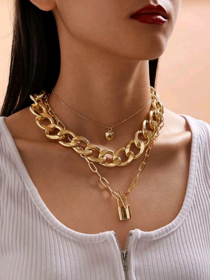 3pcs Lock & Heart Charm Chain Necklace