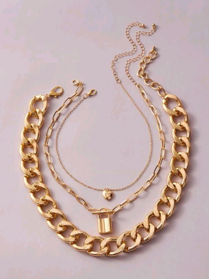 3pcs Lock & Heart Charm Chain Necklace - Image 4