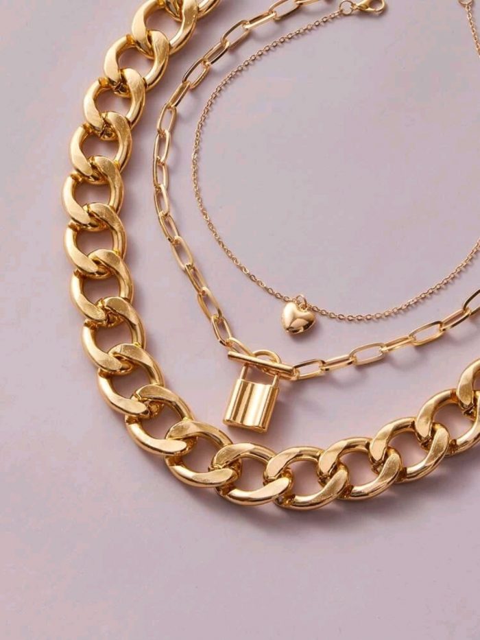 3pcs Lock & Heart Charm Chain Necklace - Image 3