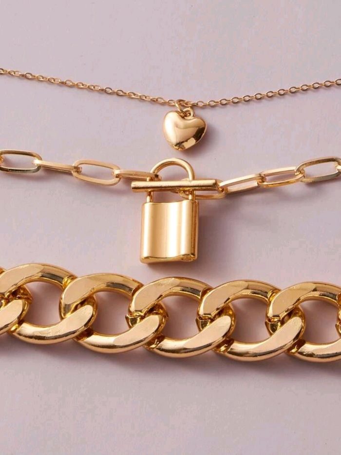 3pcs Lock & Heart Charm Chain Necklace - Image 2