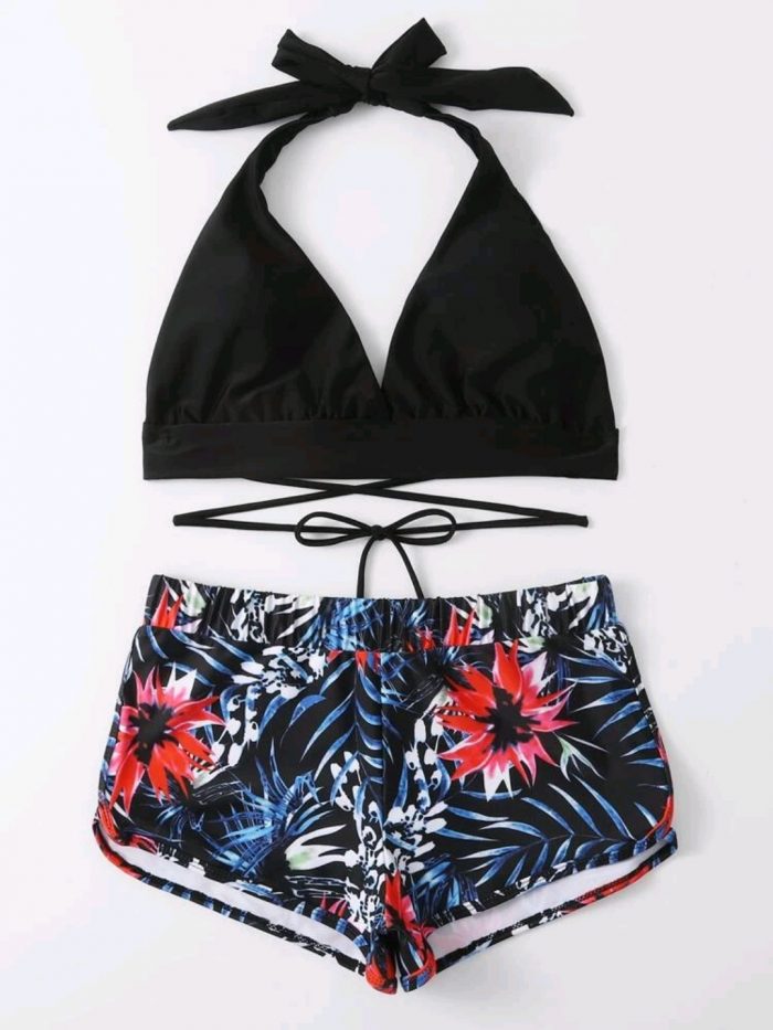 Tropical Halter Shorts Bikini Swimsuit