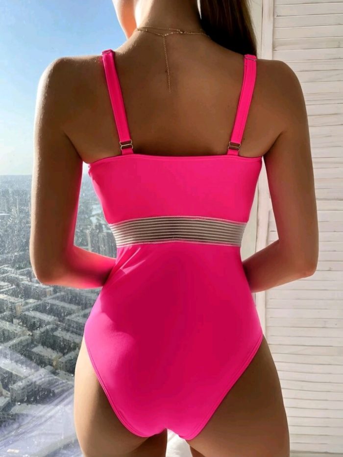 Contrast Mesh Push Up One Piece Swimsuit - Image 6
