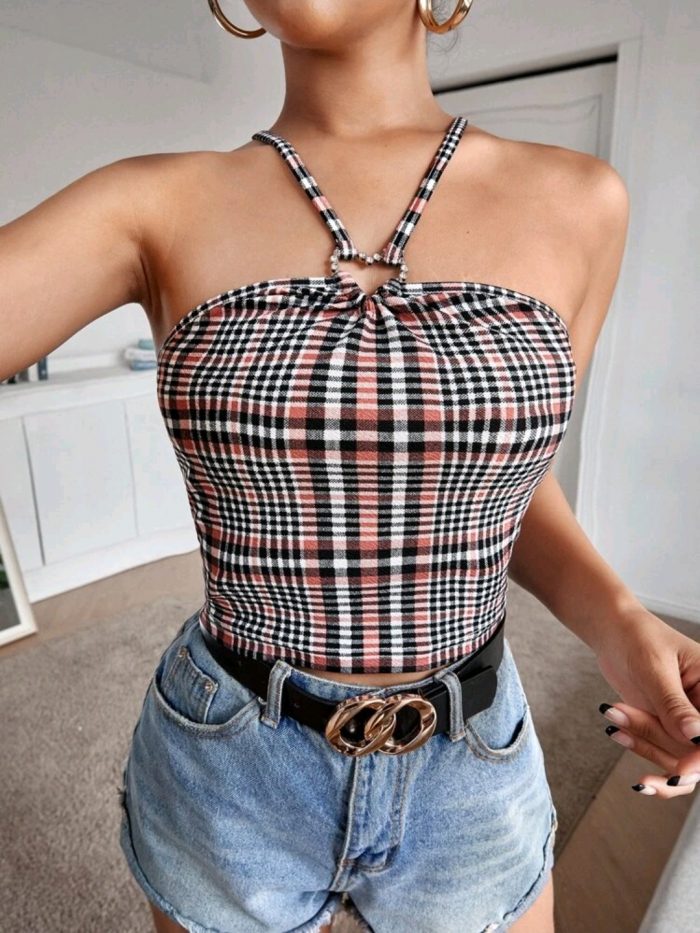 Rhinestone Heart Ring Plaid Cami Top