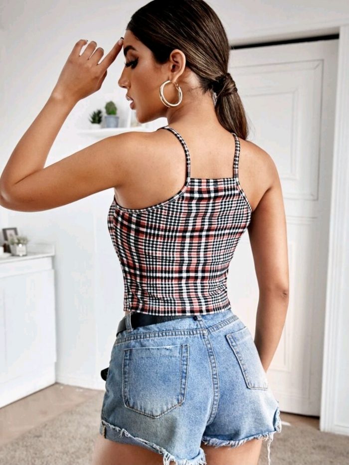 Rhinestone Heart Ring Plaid Cami Top - Image 5