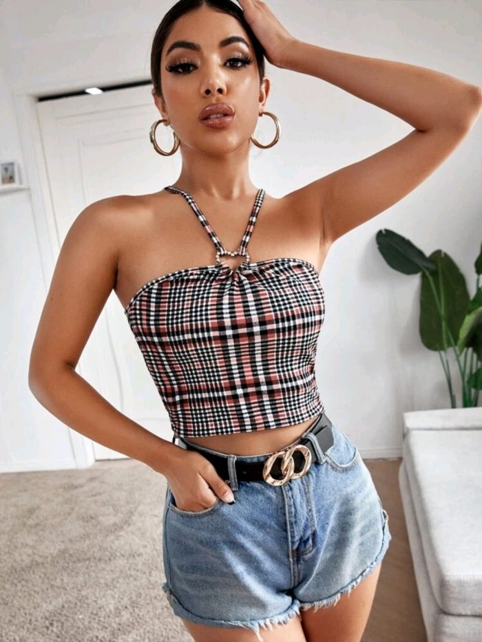 Rhinestone Heart Ring Plaid Cami Top - Image 4