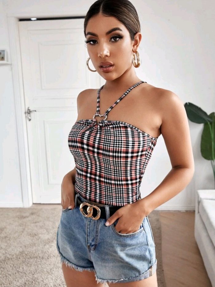 Rhinestone Heart Ring Plaid Cami Top - Image 3