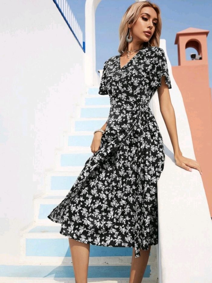 Ditsy Floral Wrap Knot Dress - Image 3