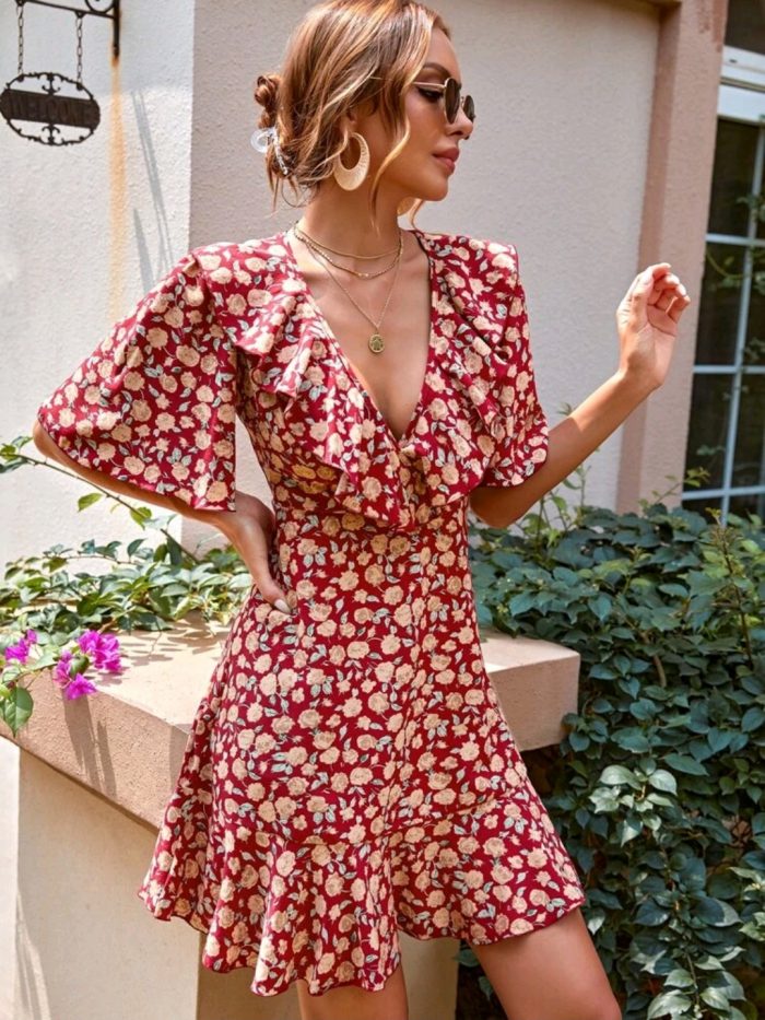 Floral Surplice Plunging Ruffle Trim A-line Dress