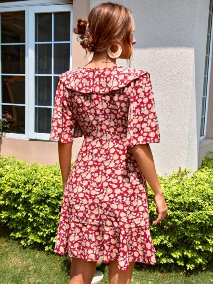 Floral Surplice Plunging Ruffle Trim A-line Dress - Image 5