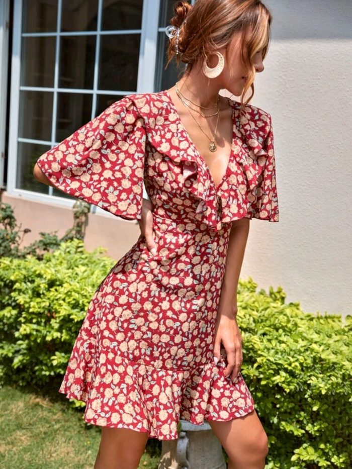 Floral Surplice Plunging Ruffle Trim A-line Dress - Image 4