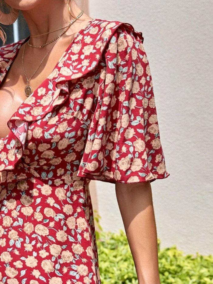 Floral Surplice Plunging Ruffle Trim A-line Dress - Image 3