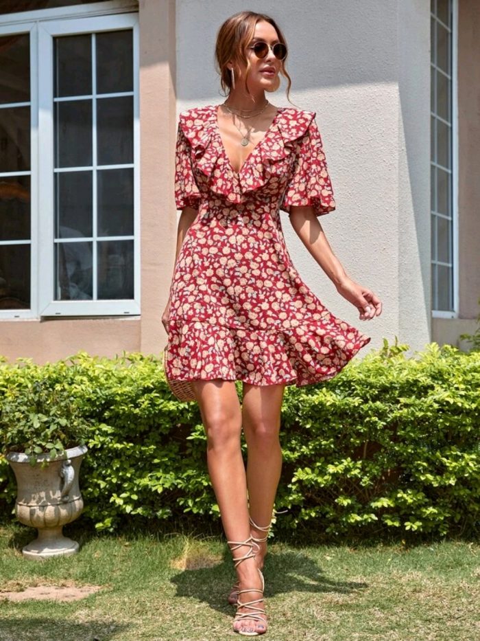 Floral Surplice Plunging Ruffle Trim A-line Dress - Image 2