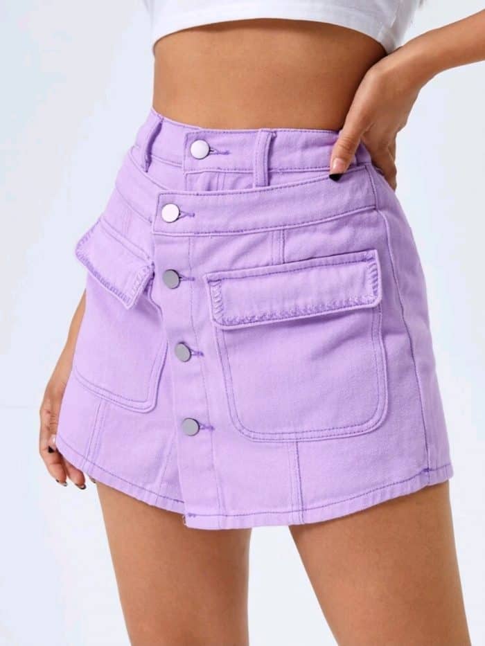 High Waist Button Front Denim Shorts - Image 4
