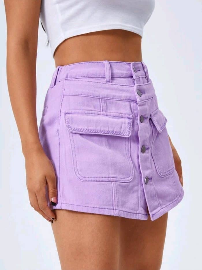 High Waist Button Front Denim Shorts - Image 2