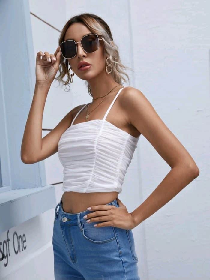 SHEIN Ruched Detail Solid Mesh Cami Top - Image 3
