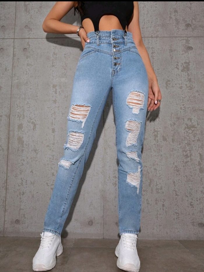 Button Fly Ripped Detail Jeans