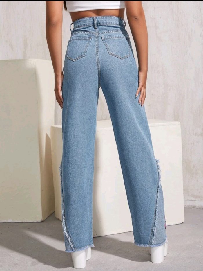 High Waist Butterfly Print Ripped Raw Hem Jeans - Image 5