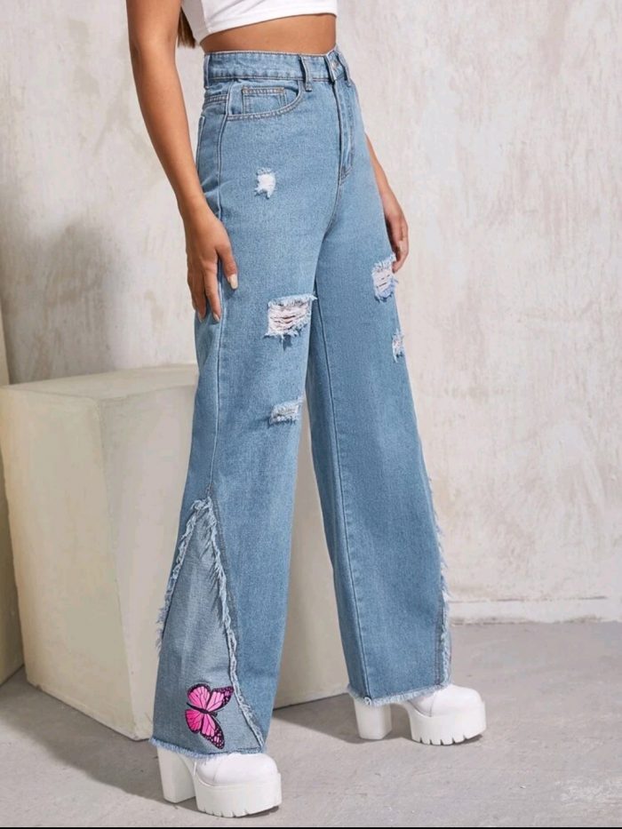 High Waist Butterfly Print Ripped Raw Hem Jeans - Image 4