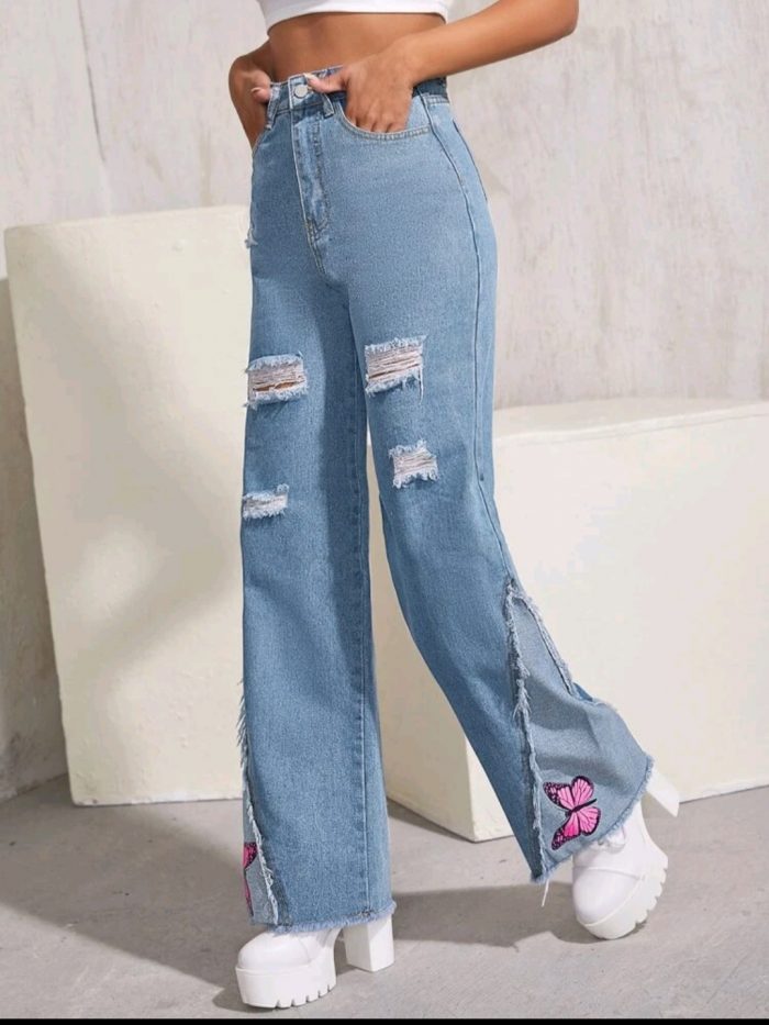 High Waist Butterfly Print Ripped Raw Hem Jeans - Image 3