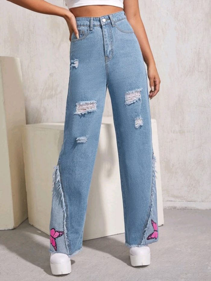 High Waist Butterfly Print Ripped Raw Hem Jeans - Image 2
