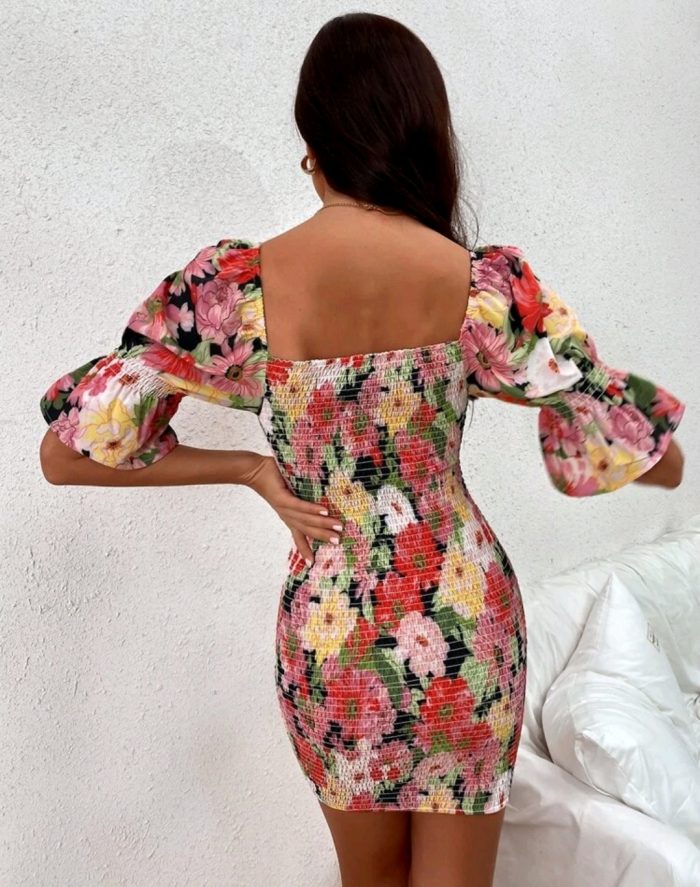 Allover Floral Shirred Bodycon Dress - Image 7