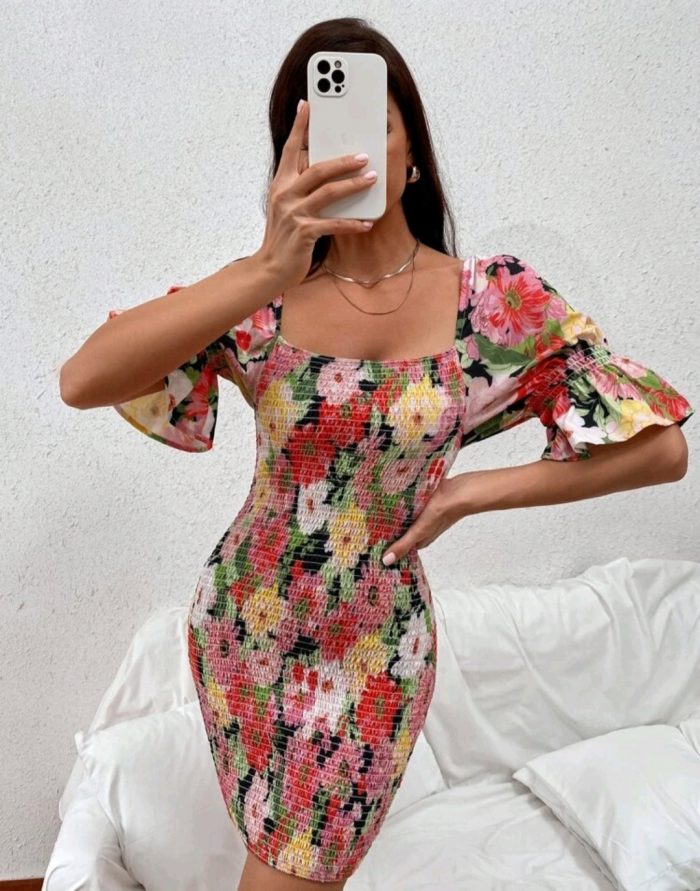 Allover Floral Shirred Bodycon Dress - Image 6