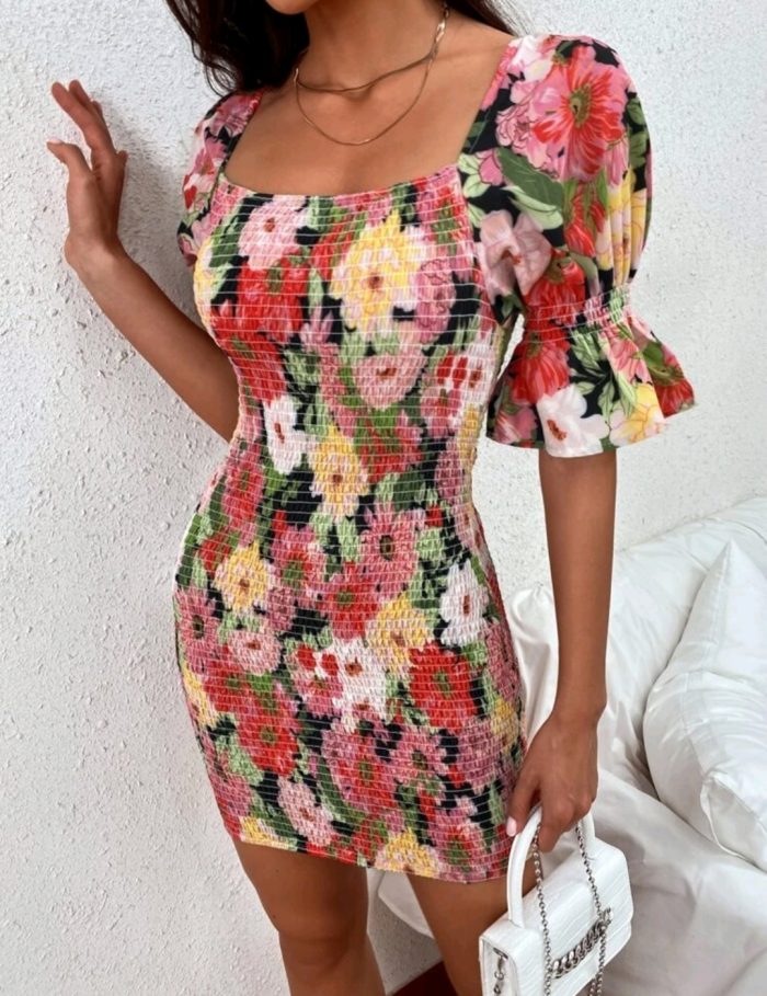 Allover Floral Shirred Bodycon Dress - Image 3