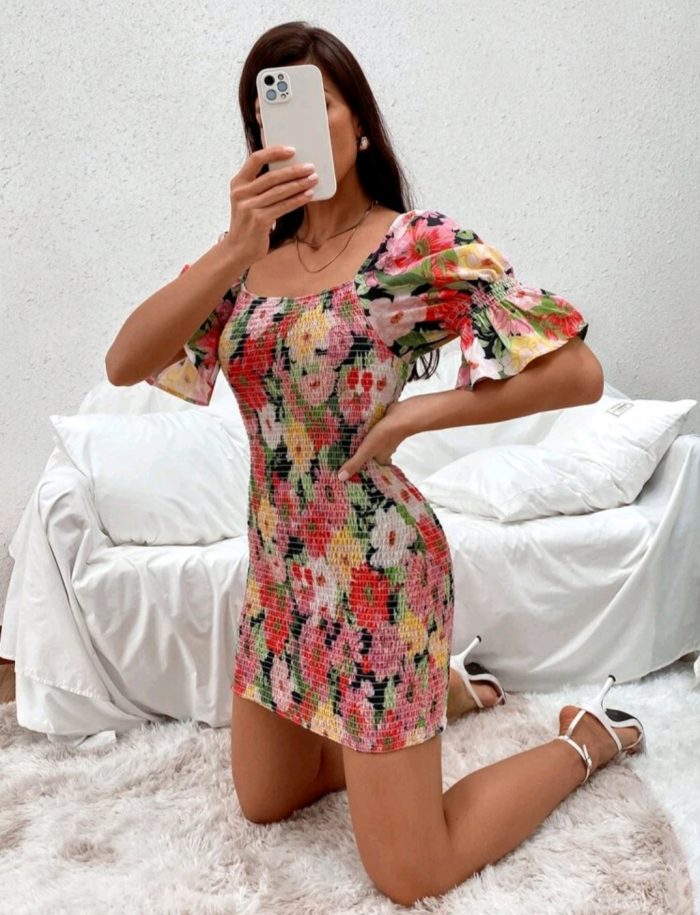 Allover Floral Shirred Bodycon Dress - Image 2