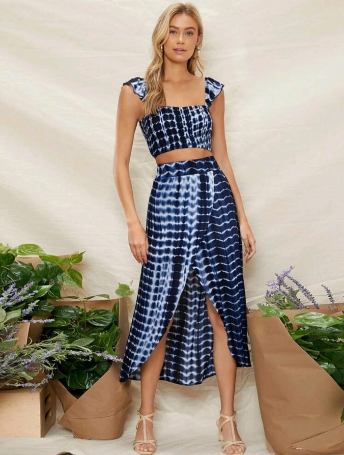SHEIN Tie Dye Ruffle Armhole Crop Top & Skirt Set