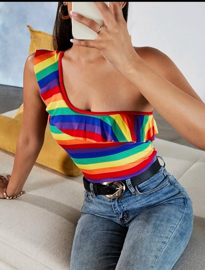 Rainbow Striped Ruffle Trim One Shoulder Top