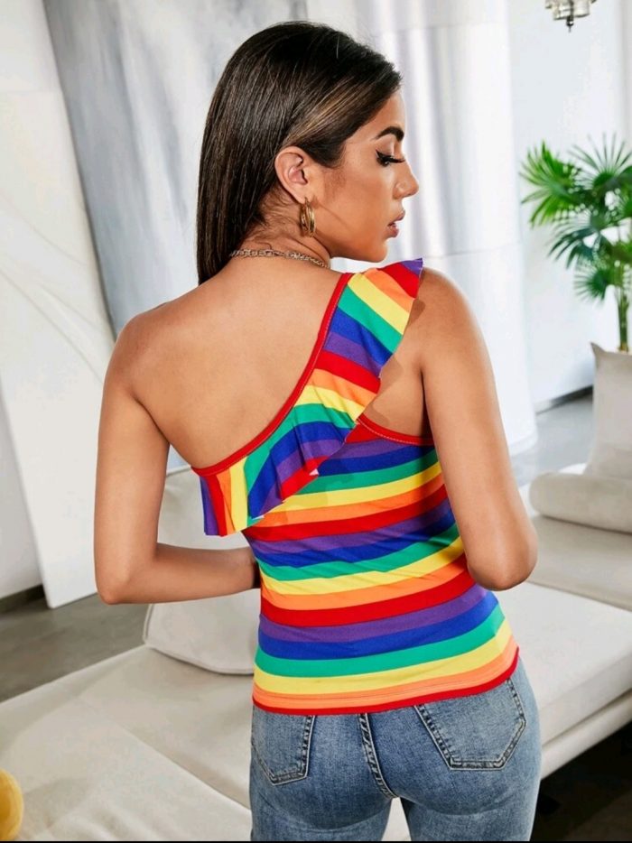 Rainbow Striped Ruffle Trim One Shoulder Top - Image 5