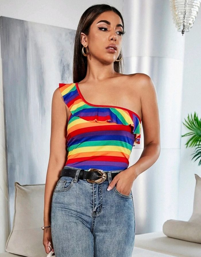 Rainbow Striped Ruffle Trim One Shoulder Top - Image 4