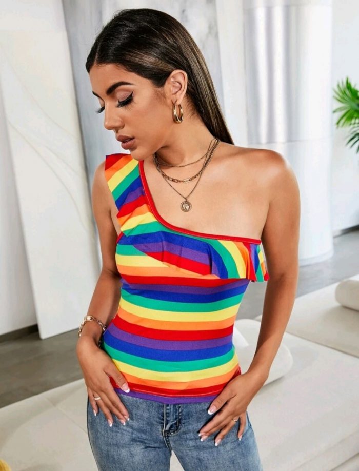 Rainbow Striped Ruffle Trim One Shoulder Top - Image 2