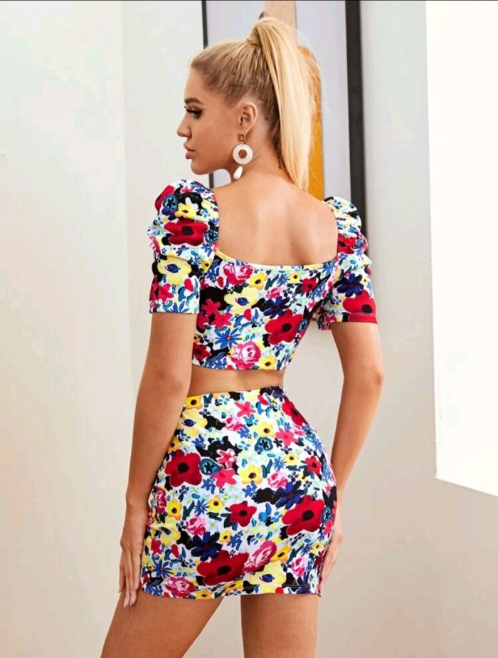 SHEIN Floral Print Sweetheart Neck Puff Sleeve Top and Skirt Set - Image 5