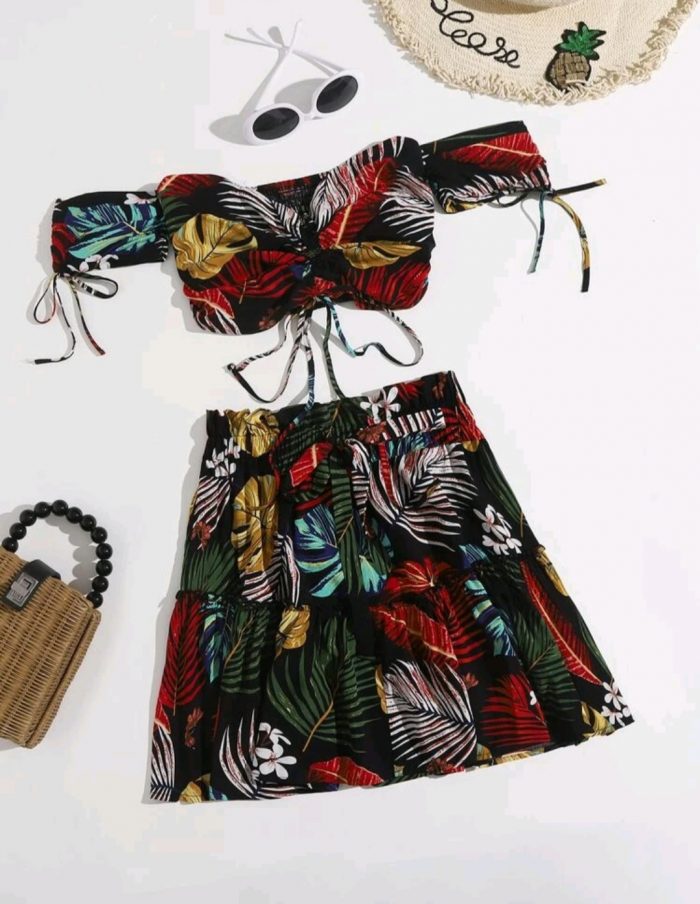 SHEIN Tropical Print Drawstring Ruched Bardot Crop Top & Skirt Set