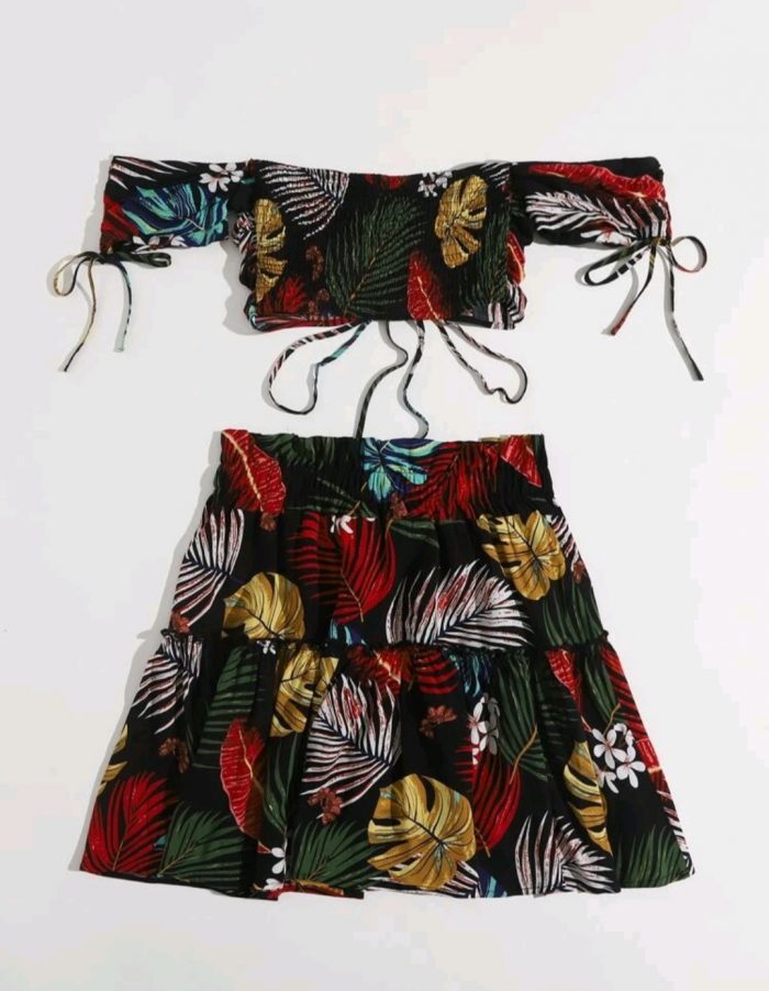 SHEIN Tropical Print Drawstring Ruched Bardot Crop Top & Skirt Set - Image 5