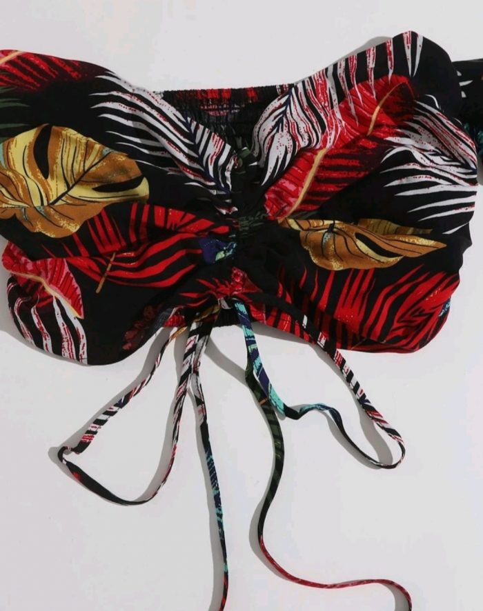 SHEIN Tropical Print Drawstring Ruched Bardot Crop Top & Skirt Set - Image 3