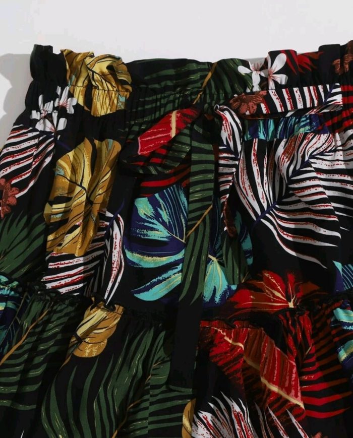 SHEIN Tropical Print Drawstring Ruched Bardot Crop Top & Skirt Set - Image 2