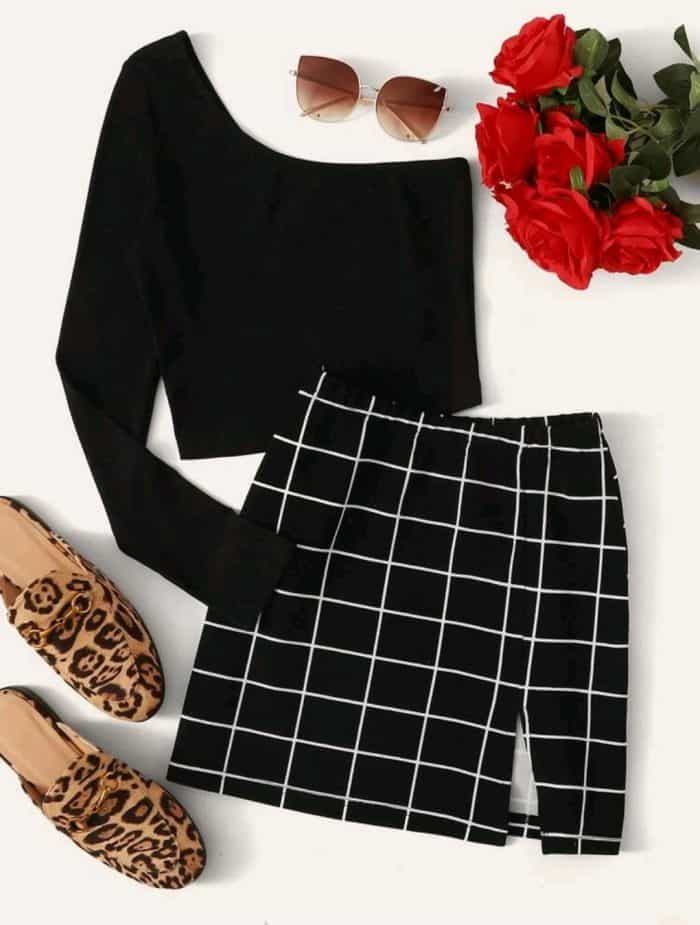 SHEIN One-Shoulder Crop Top & Grid Mini Skirt Set